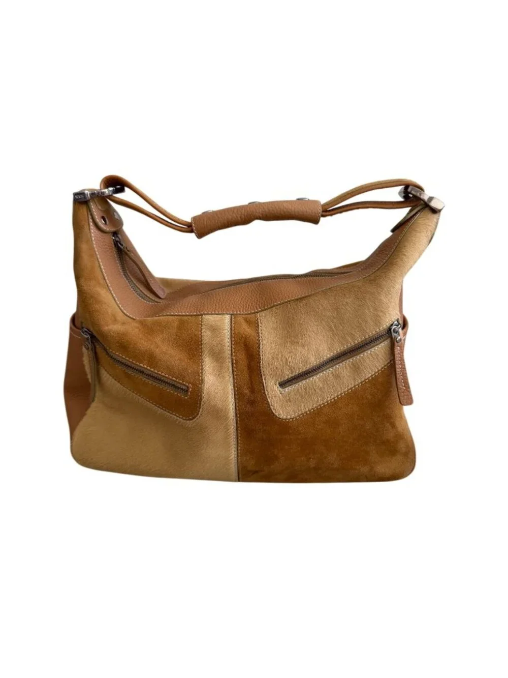 TODS Tan Suede Calf Hair Leather Top Shoulder Bag